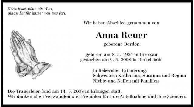 Bordon Anna 1924-2008 Todesanzeige